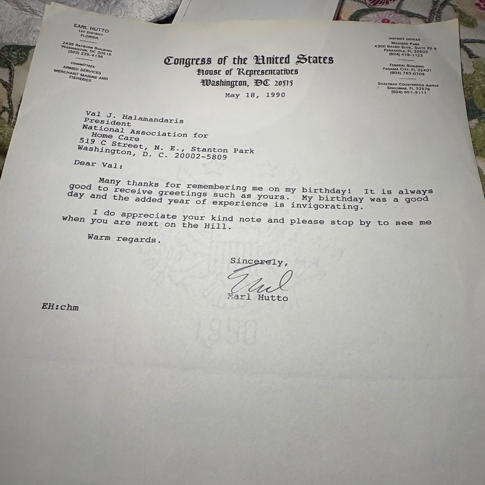 🇺🇸 Congressman Earl Hutto — 1990 Signed Autograph Letter | Florida Democrat